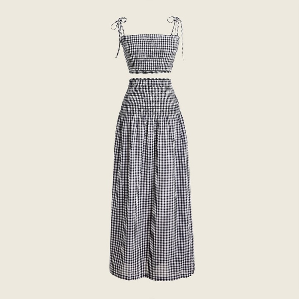 J. Crew Navy & White Gingham Tie-Shoulder Crop Top and Maxi Skirt Set